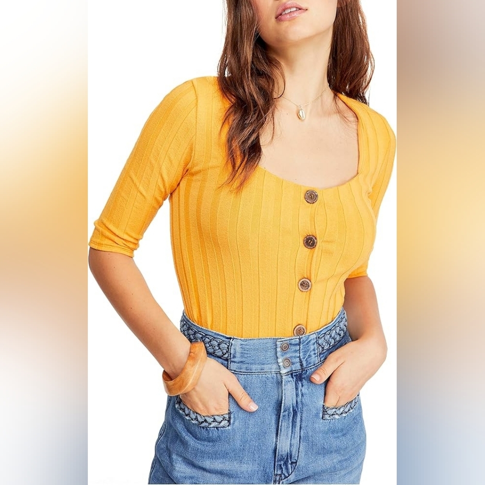 Free People Central Park Ribbed Button Down Top Gold Yellow NWOT Size Small